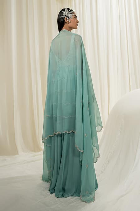 Shop_EASE_Green Peplum Satin Organza Embroidered Jaal Leaf Neck Sharara Set _at_Aza_Fashions