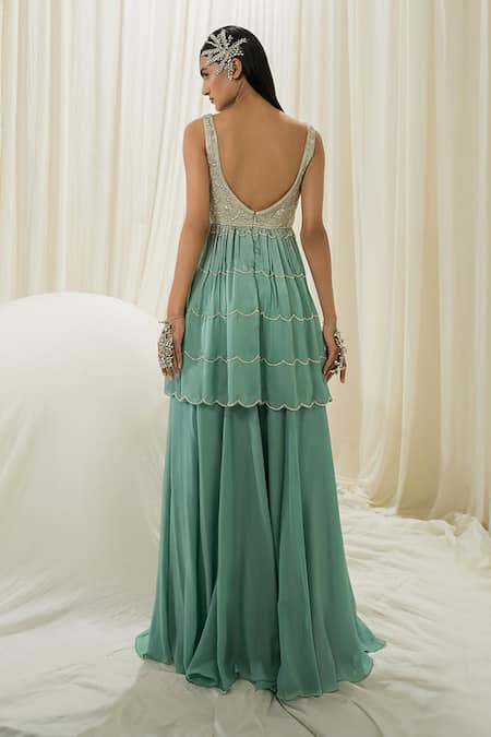 EASE_Green Peplum Satin Organza Embroidered Jaal Leaf Neck Sharara Set _Online_at_Aza_Fashions