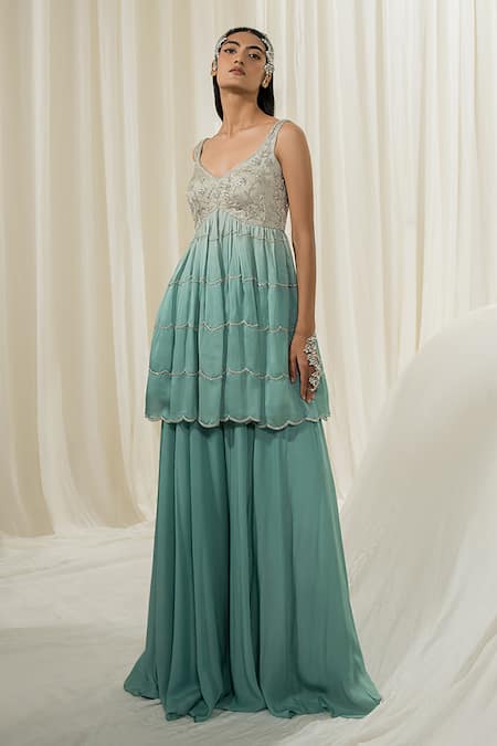 Buy_EASE_Green Peplum Satin Organza Embroidered Jaal Leaf Neck Sharara Set _Online_at_Aza_Fashions