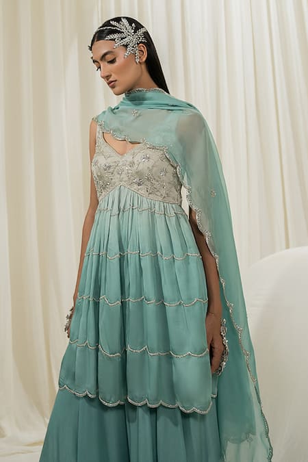 Shop_EASE_Green Peplum Satin Organza Embroidered Jaal Leaf Neck Sharara Set _Online_at_Aza_Fashions