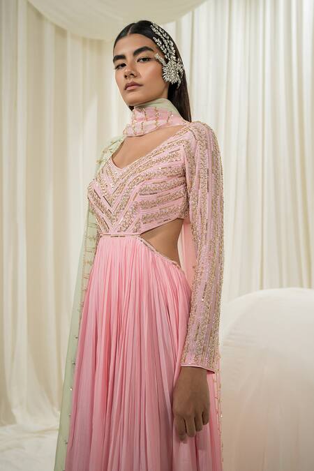 Shop_EASE_Pink Anarkali Pure Crepe Embroidered Abstract Lines Leaf Neck With Dupatta _Online_at_Aza_Fashions