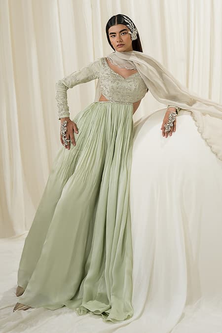 Ease Green Anarkali Satin Organza Embroidered Jaal Leaf Neck With Dupatta 