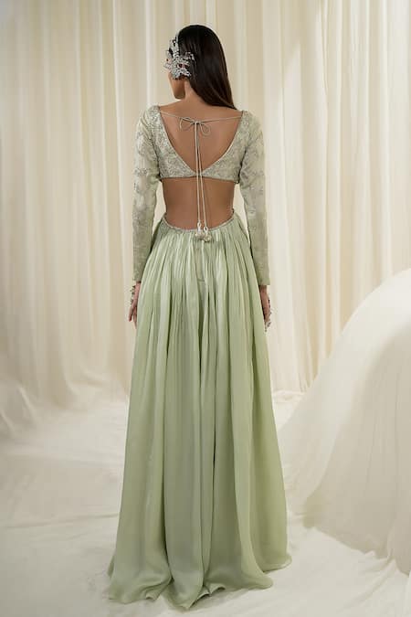 Shop_EASE_Green Anarkali Satin Organza Embroidered Jaal Leaf Neck With Dupatta _at_Aza_Fashions