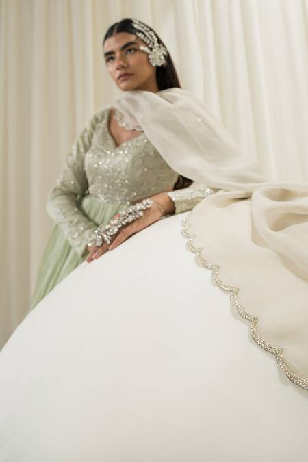 EASE_Green Anarkali Satin Organza Embroidered Jaal Leaf Neck With Dupatta _Online_at_Aza_Fashions