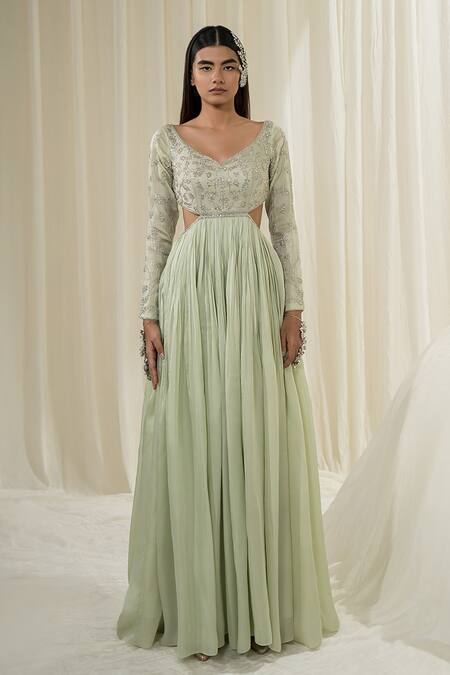 Buy_EASE_Green Anarkali Satin Organza Embroidered Jaal Leaf Neck With Dupatta _Online_at_Aza_Fashions