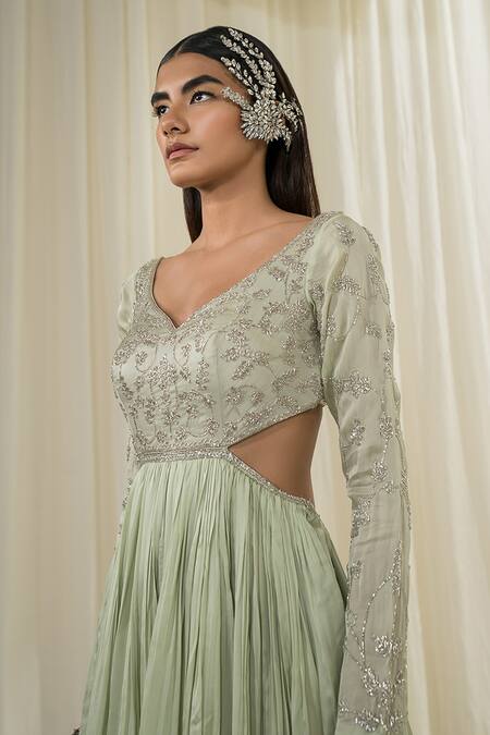 Shop_EASE_Green Anarkali Satin Organza Embroidered Jaal Leaf Neck With Dupatta _Online_at_Aza_Fashions