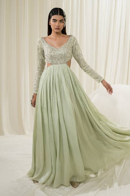 EASE_Green Anarkali Satin Organza Embroidered Jaal Leaf Neck With Dupatta _at_Aza_Fashions