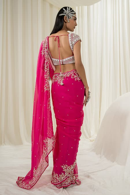 Shop EASE Pink Saree Viscose Organza Embroidered Pearls Square Neck Border With Blouse at Aza Fashions Shop_EASE_Pink Saree Viscose Organza Embroidered Pearls Square Neck Border With Blouse _at_Aza_Fashions