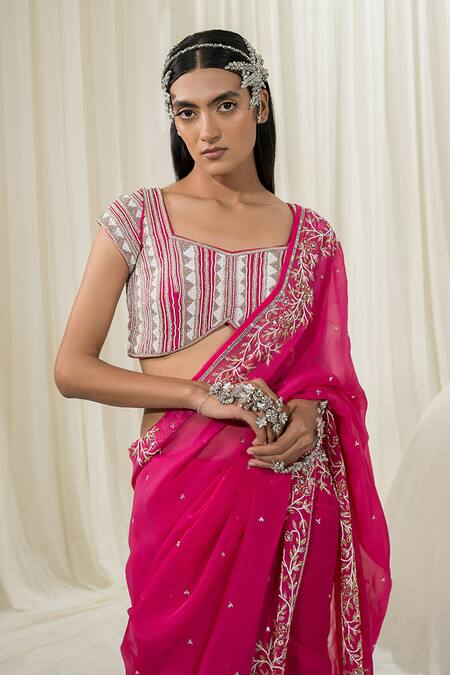 EASE Pink Saree Viscose Organza Embroidered Pearls Square Neck Border With Blouse Online at Aza Fashions EASE_Pink Saree Viscose Organza Embroidered Pearls Square Neck Border With Blouse _Online_at_Aza_Fashions