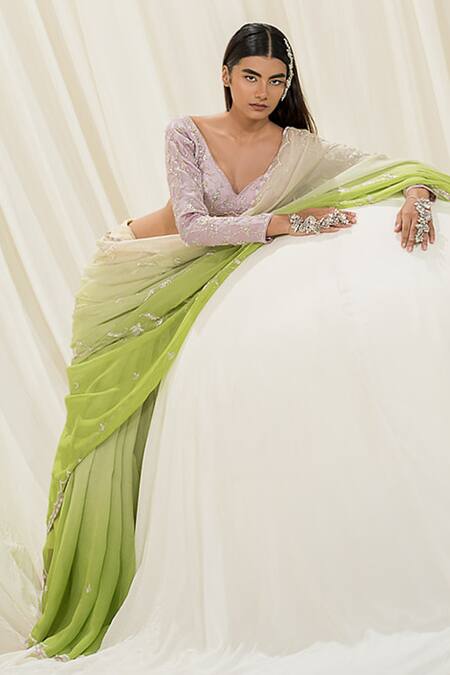 Buy_EASE_Green Saree Viscose Organza Embroidered Jaal Leaf Neck Ombre With Blouse _Online_at_Aza_Fashions