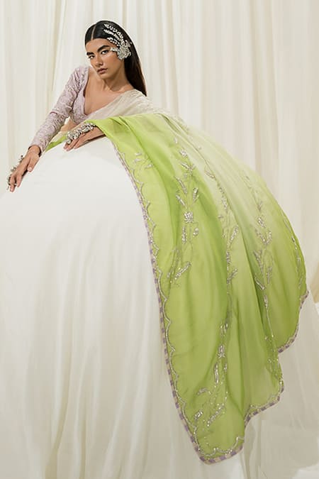 Shop_EASE_Green Saree Viscose Organza Embroidered Jaal Leaf Neck Ombre With Blouse _Online_at_Aza_Fashions