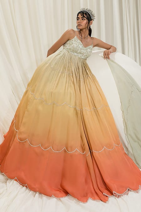 EASE_Multi Color Satin, Organza, Viscose Embroidery V-neck Jaal Anarkali Set _Online_at_Aza_Fashions