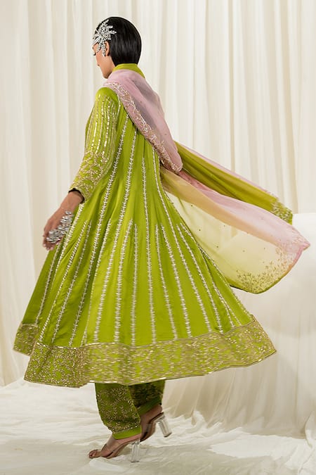 Shop_EASE_Green Satin, Organza, Viscose Embroidery Jaal Anarkali Pant Set _at_Aza_Fashions