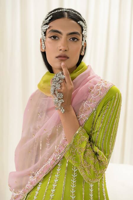 EASE_Green Satin, Organza, Viscose Embroidery Jaal Anarkali Pant Set _Online_at_Aza_Fashions