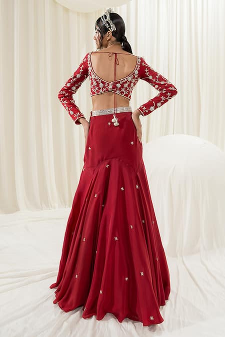 Shop_EASE_Maroon Crepe, Viscose Embroidery Asymmetric Jaal Lehenga Set _at_Aza_Fashions