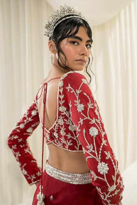 EASE_Maroon Crepe, Viscose Embroidery Asymmetric Jaal Lehenga Set _Online_at_Aza_Fashions