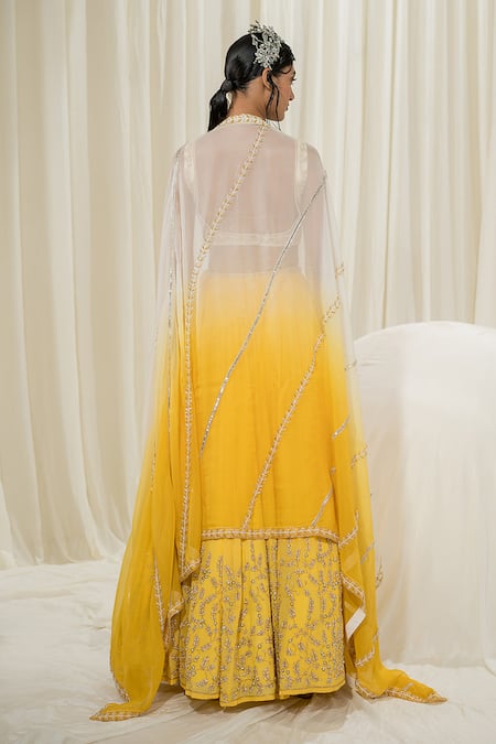 Shop_Ease_Yellow Crepe, Viscose Embroidery Asymmetric Jaal Blouse Lehenga Set _at_Aza_Fashions