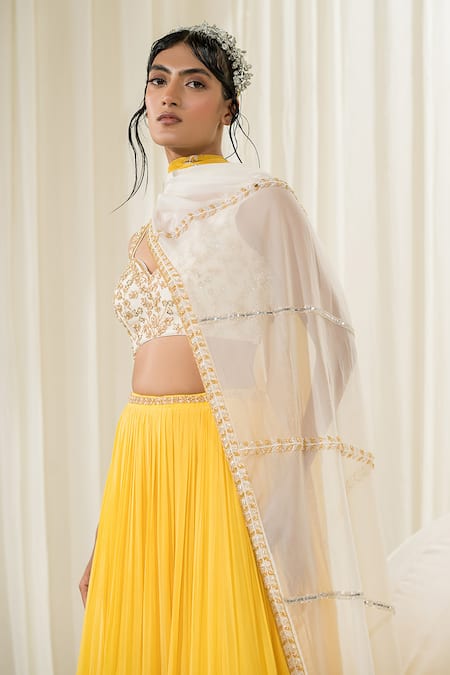 Ease_Yellow Crepe, Viscose Embroidery Asymmetric Jaal Blouse Lehenga Set _Online_at_Aza_Fashions