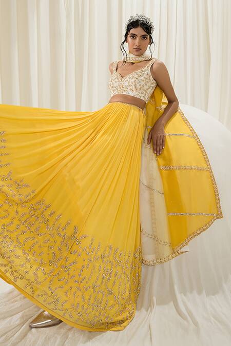 Buy_Ease_Yellow Crepe, Viscose Embroidery Asymmetric Jaal Blouse Lehenga Set _Online_at_Aza_Fashions