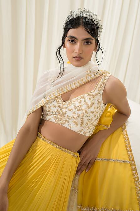 Shop_Ease_Yellow Crepe, Viscose Embroidery Asymmetric Jaal Blouse Lehenga Set _Online_at_Aza_Fashions