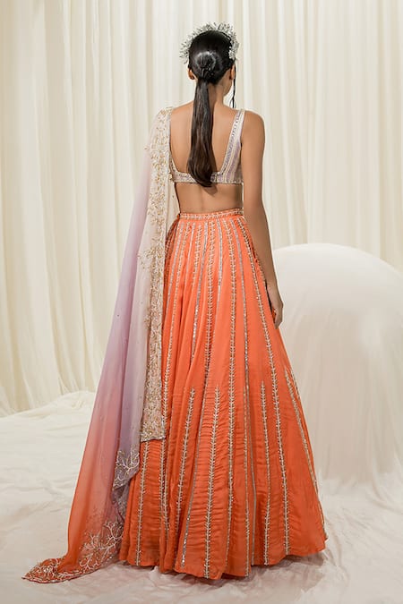 Shop EASE Orange Satin, Organza, Viscose Embroidery V-neck Leaf Blouse Lehenga Set at Aza Fashions Shop_EASE_Orange Satin, Organza, Viscose Embroidery V-neck Leaf Blouse Lehenga Set _at_Aza_Fashions