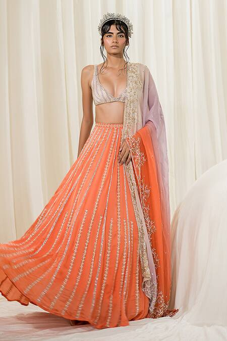 EASE Orange Satin, Organza, Viscose Embroidery V-neck Leaf Blouse Lehenga Set at Aza Fashions EASE_Orange Satin, Organza, Viscose Embroidery V-neck Leaf Blouse Lehenga Set _at_Aza_Fashions