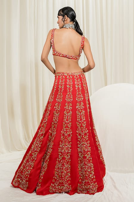 Shop_EASE_Red Satin, Organza, Viscose Embroidery V-neck Bridal Lehenga Set _at_Aza_Fashions