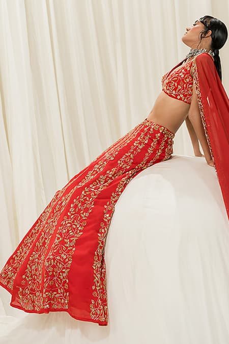 EASE_Red Satin, Organza, Viscose Embroidery V-neck Bridal Lehenga Set _Online_at_Aza_Fashions