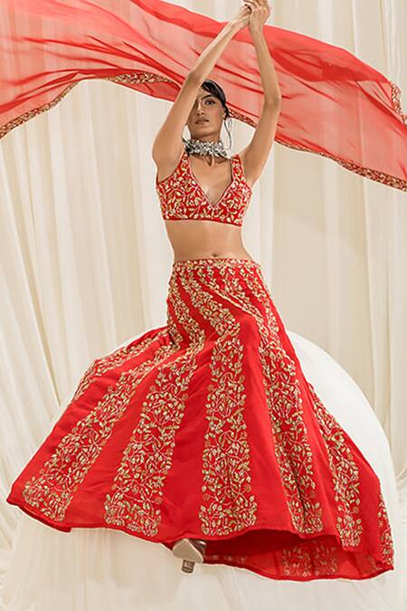 Shop_EASE_Red Satin, Organza, Viscose Embroidery V-neck Bridal Lehenga Set _Online_at_Aza_Fashions