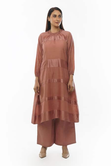 KHAT Pink Handwoven Cotton Stripe Pattern Frill Neck Dress 