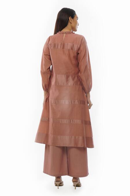 Shop Khat Pink Chanderi Silk, Handloom Cotton Round Neck Handwoven Stripe Pattern Dress at Aza Fashions Shop_Khat_Pink Chanderi Silk, Handloom Cotton Round Neck Handwoven Stripe Pattern Dress _at_Aza_Fashions