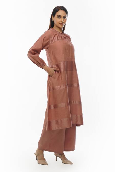 Buy Khat Pink Chanderi Silk, Handloom Cotton Round Neck Handwoven Stripe Pattern Dress Online at Aza Fashions Buy_Khat_Pink Chanderi Silk, Handloom Cotton Round Neck Handwoven Stripe Pattern Dress _Online_at_Aza_Fashions