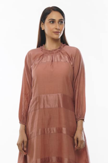 Shop Khat Pink Chanderi Silk, Handloom Cotton Round Neck Handwoven Stripe Pattern Dress Online at Aza Fashions Shop_Khat_Pink Chanderi Silk, Handloom Cotton Round Neck Handwoven Stripe Pattern Dress _Online_at_Aza_Fashions