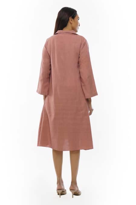 Shop Khat Pink Cotton Collared Handwoven Front Pleated Dress at Aza Fashions Shop_Khat_Pink Cotton Collared Handwoven Front Pleated Dress _at_Aza_Fashions