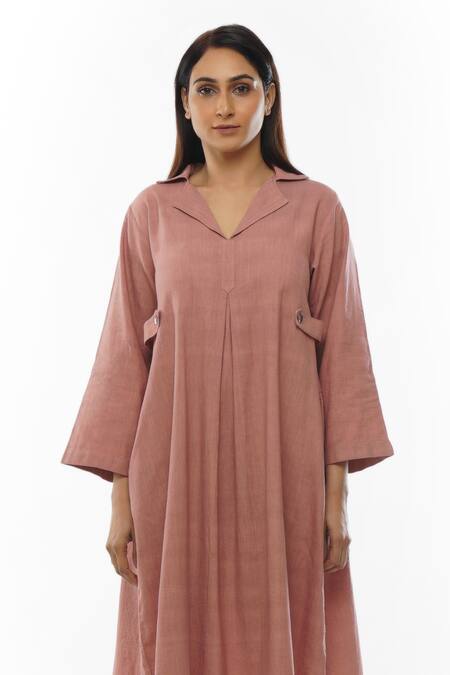 Khat Pink Cotton Collared Handwoven Front Pleated Dress Online at Aza Fashions Khat_Pink Cotton Collared Handwoven Front Pleated Dress _Online_at_Aza_Fashions