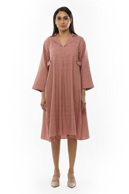 Buy Khat Pink Cotton Collared Handwoven Front Pleated Dress Online at Aza Fashions Buy_Khat_Pink Cotton Collared Handwoven Front Pleated Dress _Online_at_Aza_Fashions