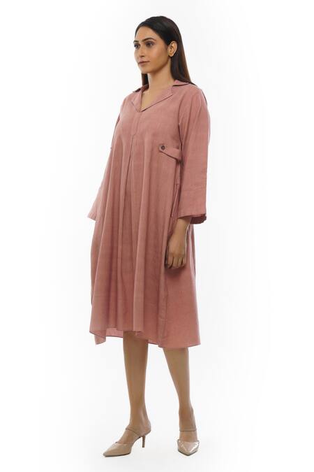Shop Khat Pink Cotton Collared Handwoven Front Pleated Dress Online at Aza Fashions Shop_Khat_Pink Cotton Collared Handwoven Front Pleated Dress _Online_at_Aza_Fashions