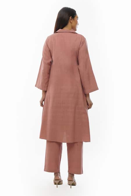 Shop Khat Pink Cotton Collared Handwoven Front Pleated Dress And Pant Set at Aza Fashions Shop_Khat_Pink Cotton Collared Handwoven Front Pleated Dress And Pant Set _at_Aza_Fashions