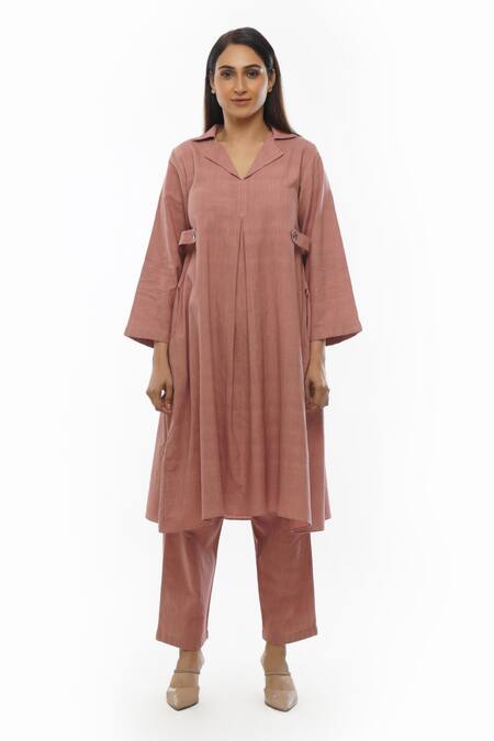 Khat Pink Cotton Collared Handwoven Front Pleated Dress And Pant Set Online at Aza Fashions Khat_Pink Cotton Collared Handwoven Front Pleated Dress And Pant Set _Online_at_Aza_Fashions