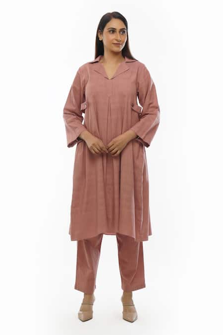 Shop Khat Pink Cotton Collared Handwoven Front Pleated Dress And Pant Set Online at Aza Fashions Shop_Khat_Pink Cotton Collared Handwoven Front Pleated Dress And Pant Set _Online_at_Aza_Fashions
