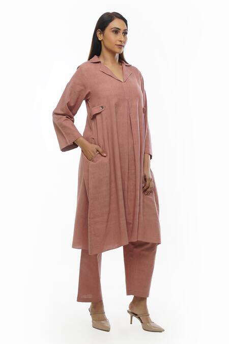 Khat Pink Cotton Collared Handwoven Front Pleated Dress And Pant Set at Aza Fashions Khat_Pink Cotton Collared Handwoven Front Pleated Dress And Pant Set _at_Aza_Fashions