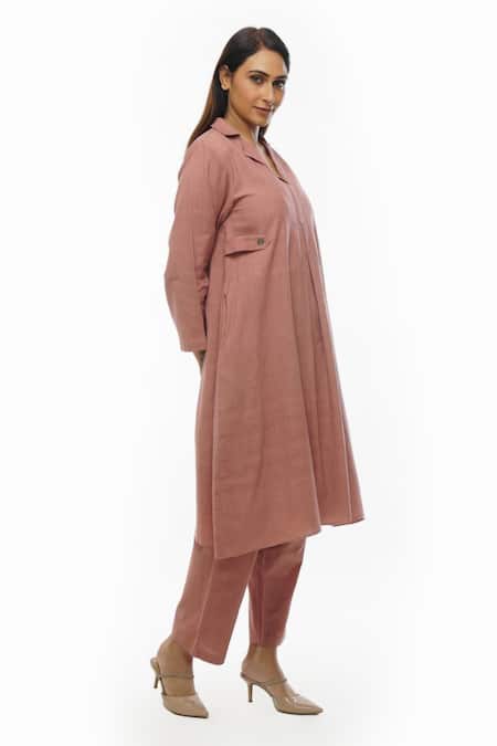 Buy Khat Pink Cotton Collared Handwoven Front Pleated Dress And Pant Set Buy_Khat_Pink Cotton Collared Handwoven Front Pleated Dress And Pant Set
