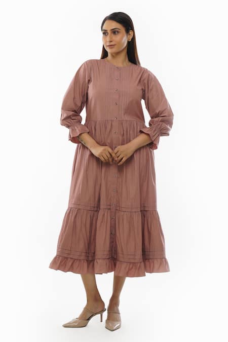 KHAT Pink Poplin Cotton Plain Round Neck Pintucked Yoke Tiered Dress 