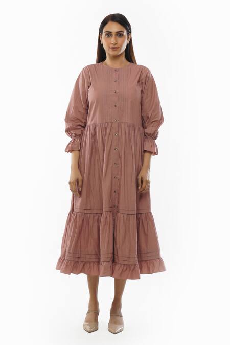 Khat_Pink Cotton, Poplin Round Neck Pintucked Yoke Tiered Dress _Online_at_Aza_Fashions