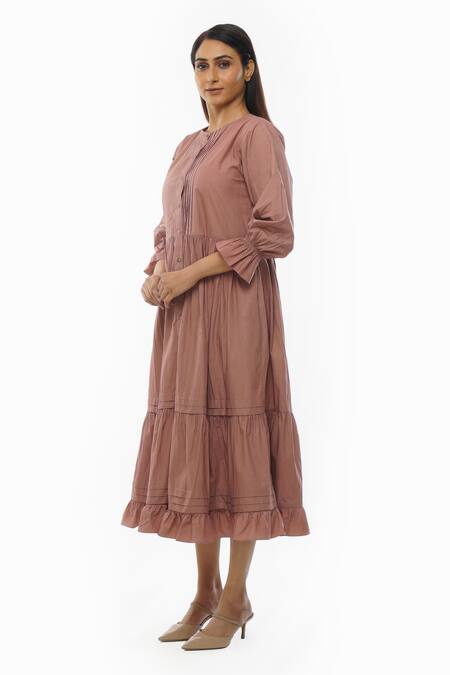 Shop_Khat_Pink Cotton, Poplin Round Neck Pintucked Yoke Tiered Dress _Online_at_Aza_Fashions