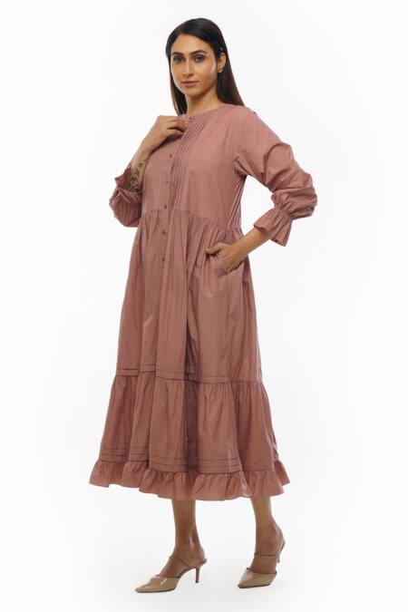 Khat_Pink Cotton, Poplin Round Neck Pintucked Yoke Tiered Dress _at_Aza_Fashions