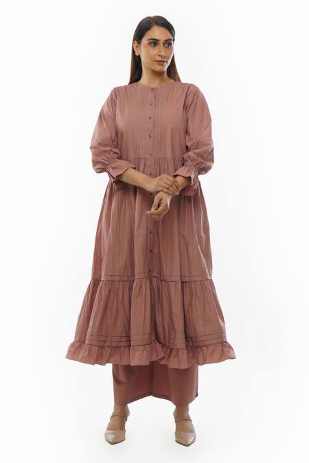 Shop Khat Pink Cotton Round Neck Pintucked Yoke Tiered Dress And Pant Set Online at Aza Fashions Shop_Khat_Pink Cotton Round Neck Pintucked Yoke Tiered Dress And Pant Set _Online_at_Aza_Fashions