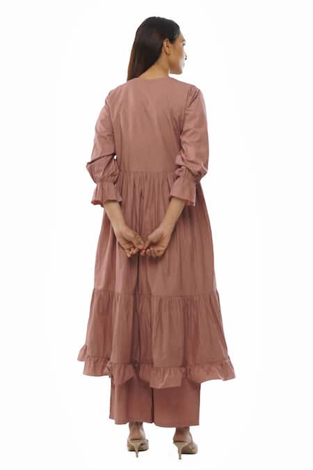 Shop Khat Pink Cotton Round Neck Pintucked Yoke Tiered Tunic Pant Set at Aza Fashions Shop_Khat_Pink Cotton Round Neck Pintucked Yoke Tiered Tunic Pant Set _at_Aza_Fashions