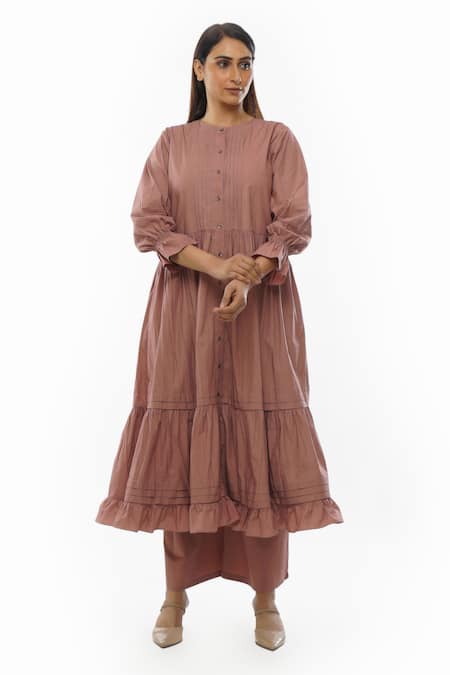 Shop Khat Pink Cotton Round Neck Pintucked Yoke Tiered Tunic Pant Set Online at Aza Fashions Shop_Khat_Pink Cotton Round Neck Pintucked Yoke Tiered Tunic Pant Set _Online_at_Aza_Fashions