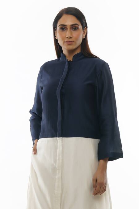 Buy Khat Blue Chanderi Cotton, Silk Bandeau Neck Color Block Shirt Dress And Pant Set Online at Aza Fashions Buy_Khat_Blue Chanderi Cotton, Silk Bandeau Neck Color Block Shirt Dress And Pant Set _Online_at_Aza_Fashions